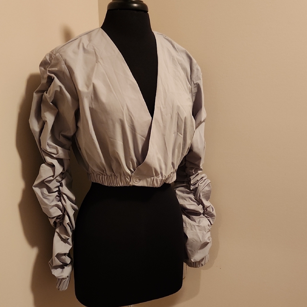 Gray Ruched Wrap Crop Blouse